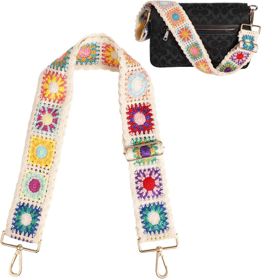 Crochet Flower Straps, 2.1in Width Adjustable Crossbody Strap, White, Multicolor, Polyester, Cotton, Vintage, Buckle -