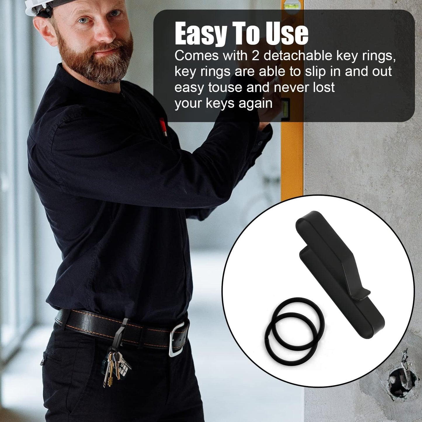 Heavy Duty Belt Key Holder with 2pcs Metal Rings, Stainless Steel Black Men Keychain Tactical Clip for 1.5-2.25inch Wide Belts Police and Fire Agencies -