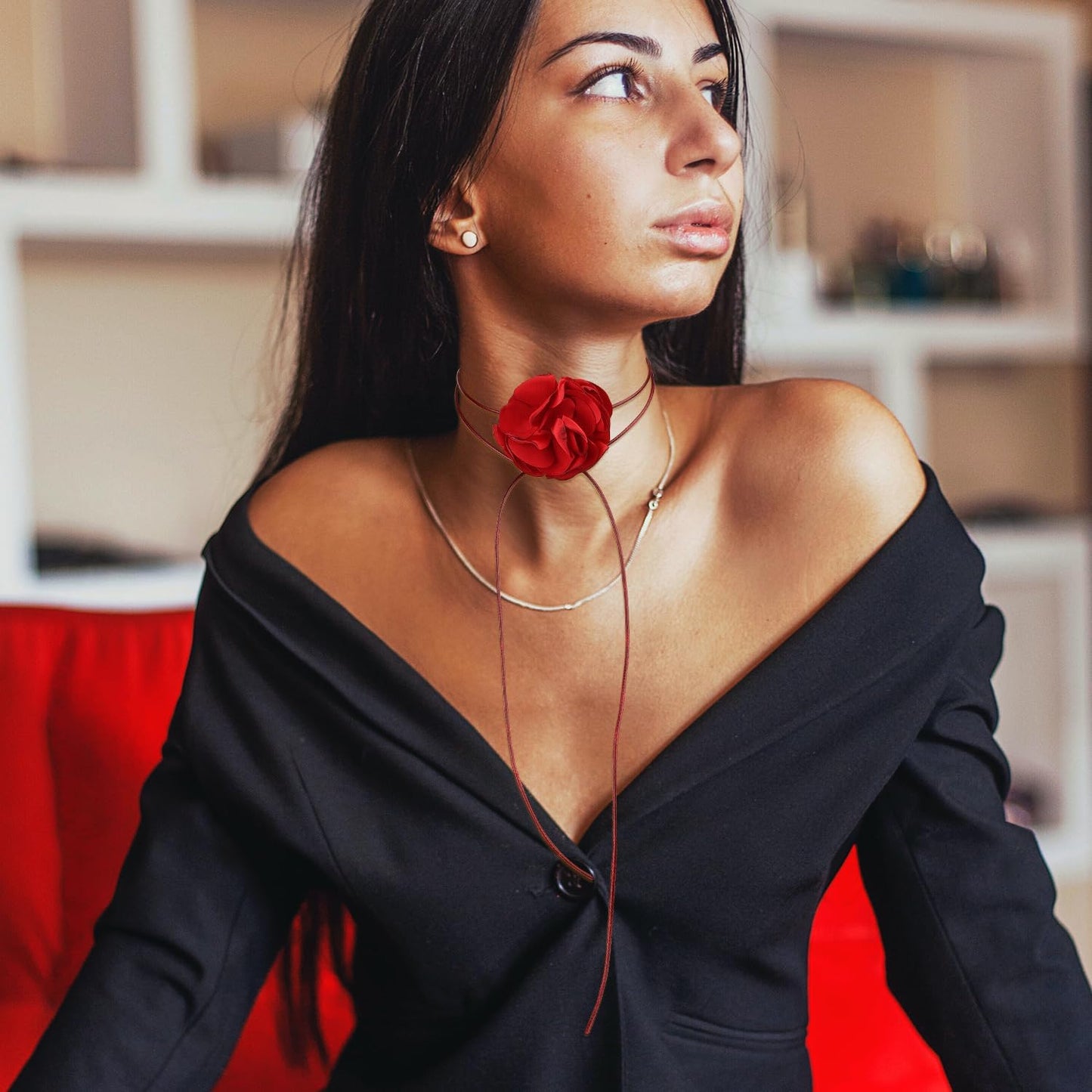 Vintage Flower Necklaces, Boho Floral Necklace Adjustable Fabric Rose for Women Girls Bride Wedding Party Birthday (Red) -