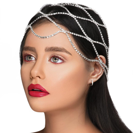 Jewelry Headpiece, Crystal Head Chain Mesh Silver Jewelry, Shinny Boho Style Accessories for Women, Wedding, Cosplay, Stage Performance -