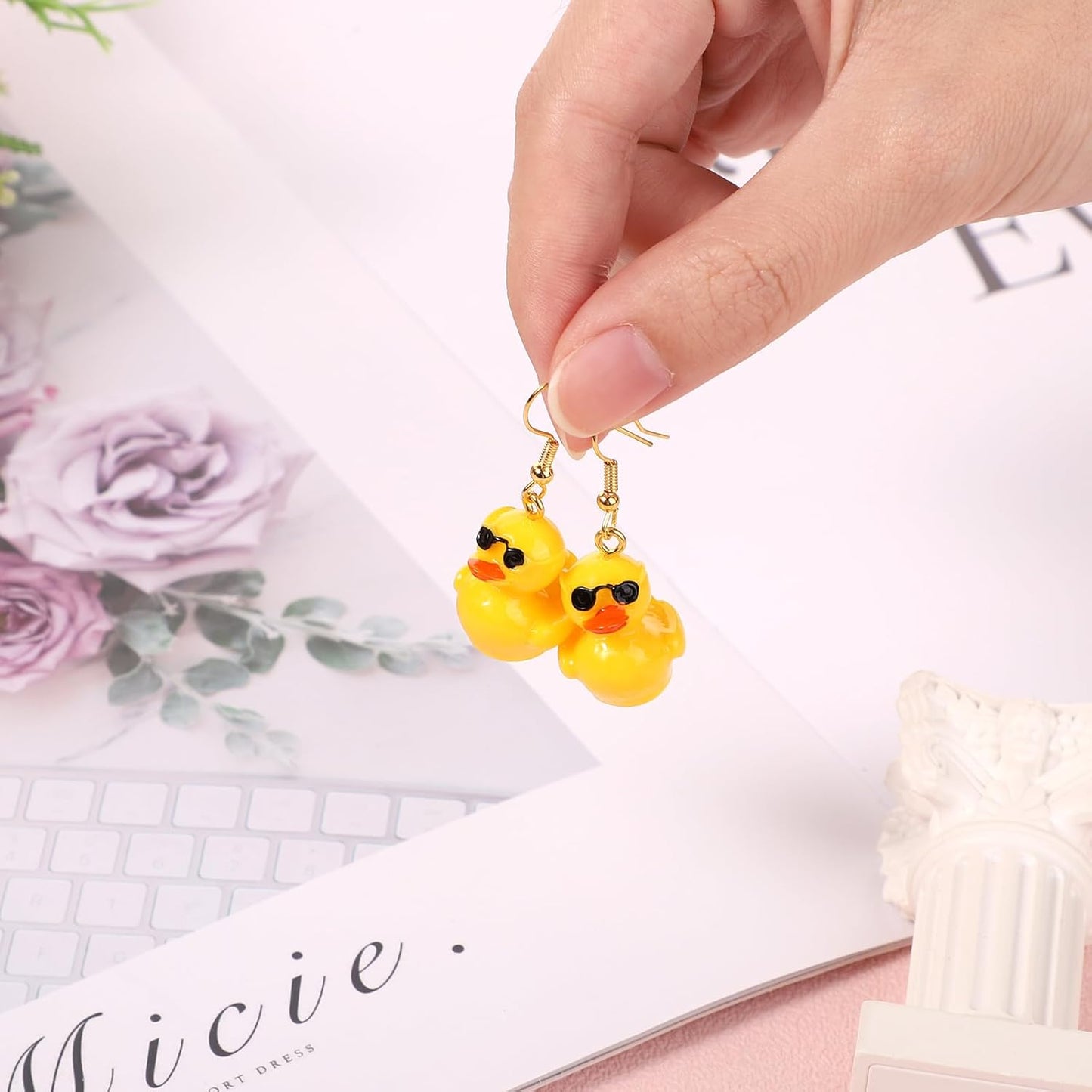 Yellow Duck Earrings - Cute Acrylic Dangle Drop with Glasses for Women & Girls