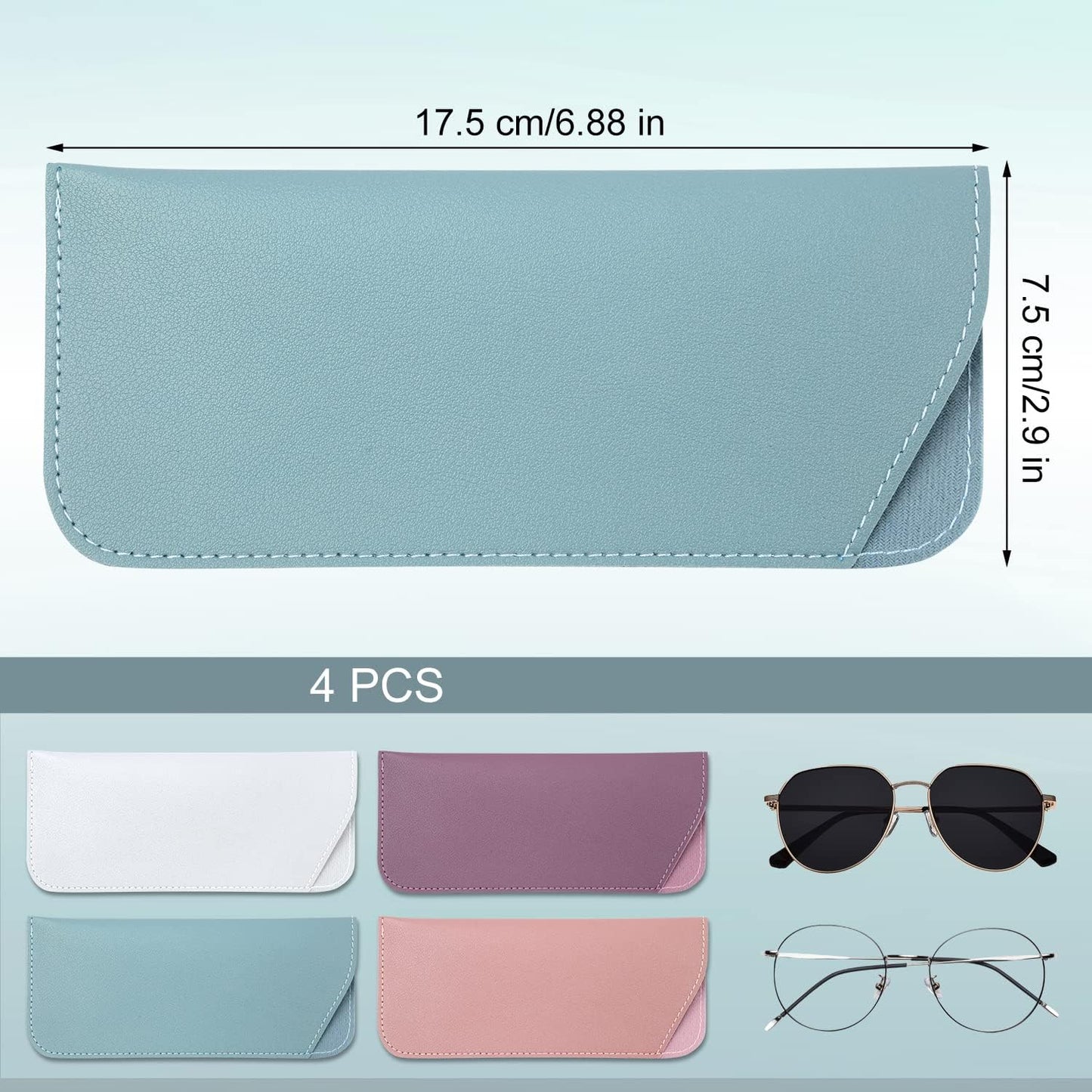 Soft Glasses Cases, 4 Pcs Slim Reading Eyeglasses Case Portable PU Sunglasses Pouch Safety for Women Men 2.8 x 6.8 Inch, Colors -