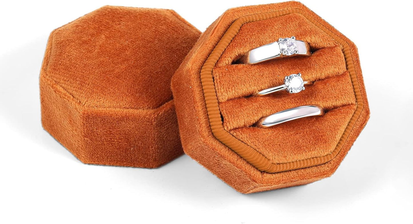 Velvet Ring Box for Wedding Ceremony, Three Slots Octagonal Jewelry Proposal Engagement Anniversary Valentines Day Holding 3 Rings (Burnt Orange) -