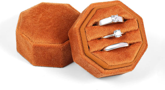 Velvet Ring Box for Wedding Ceremony, Three Slots Octagonal Jewelry Proposal Engagement Anniversary Valentines Day Holding 3 Rings (Burnt Orange) -