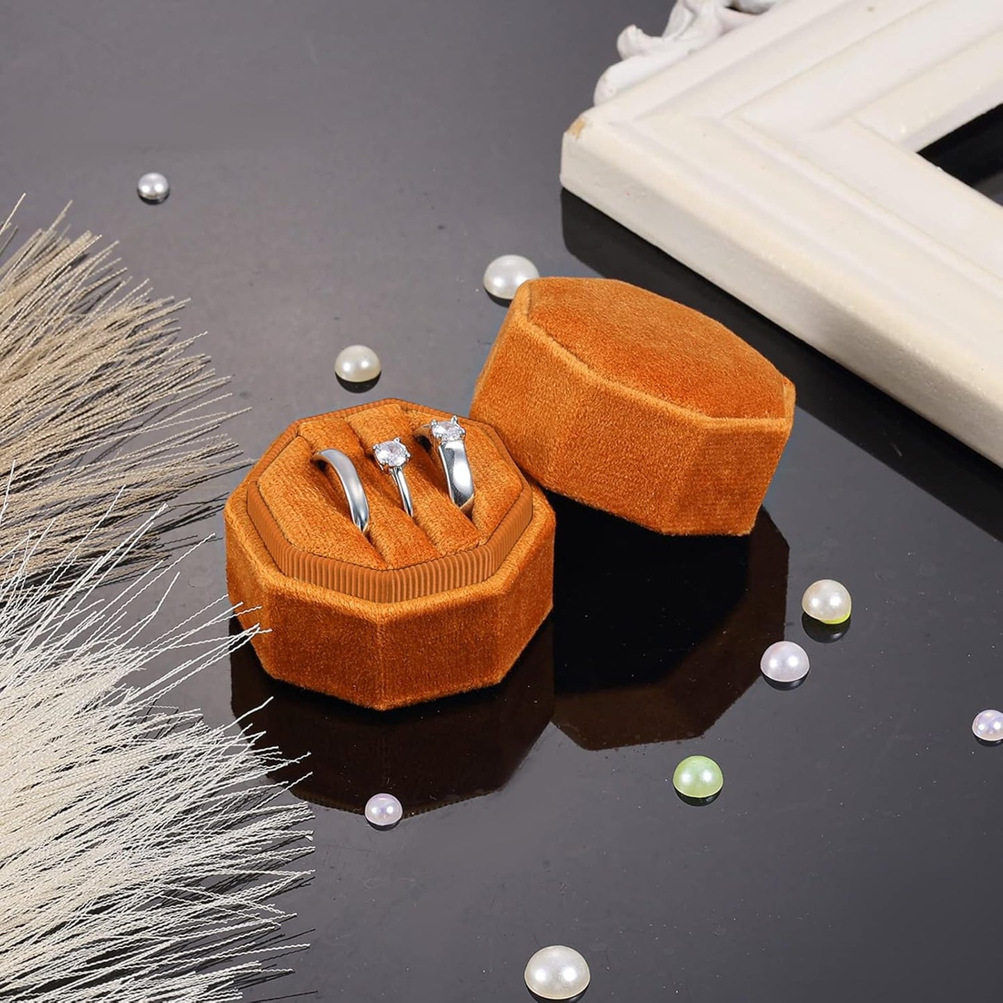 Velvet Ring Box for Wedding Ceremony, Three Slots Octagonal Jewelry Proposal Engagement Anniversary Valentines Day Holding 3 Rings (Burnt Orange) -