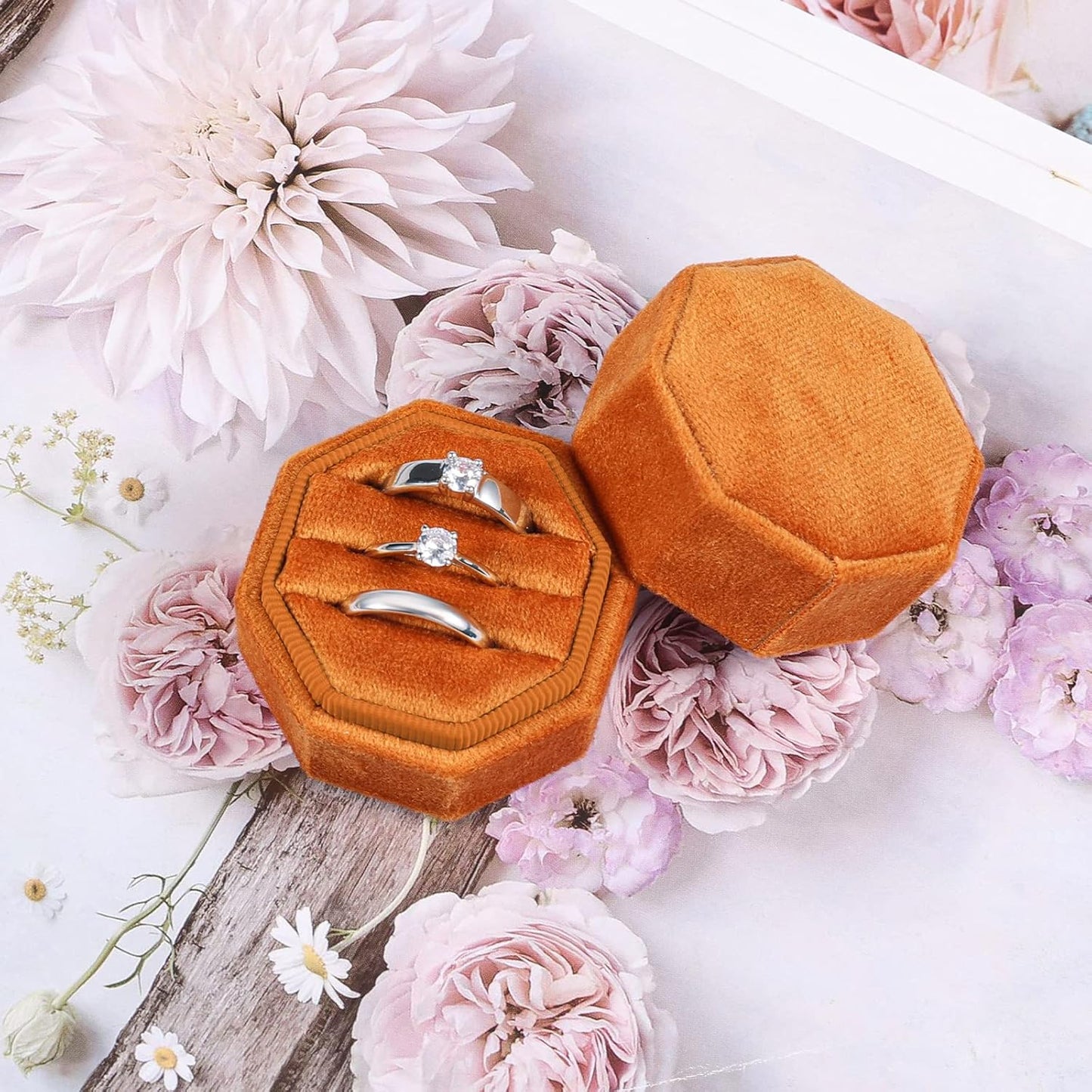 Velvet Ring Box for Wedding Ceremony, Three Slots Octagonal Jewelry Proposal Engagement Anniversary Valentines Day Holding 3 Rings (Burnt Orange) -