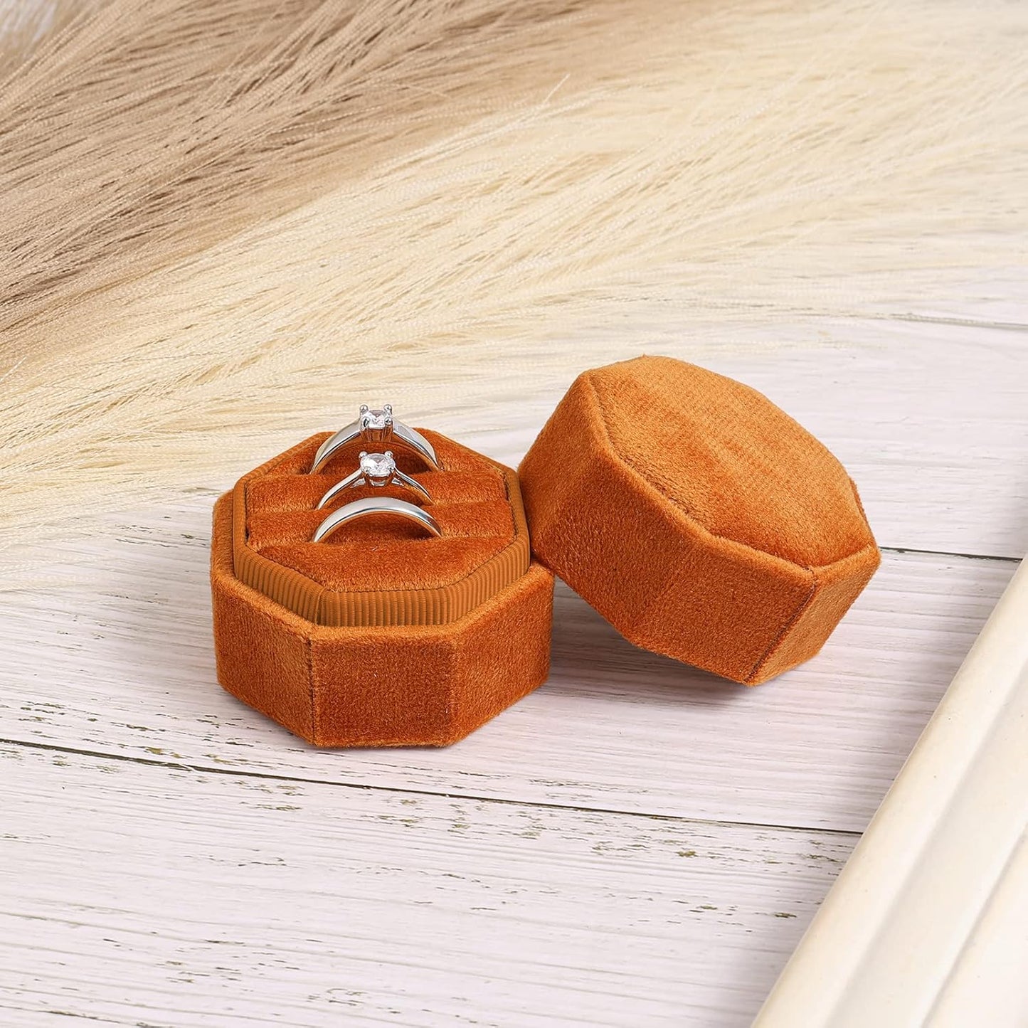 Velvet Ring Box for Wedding Ceremony, Three Slots Octagonal Jewelry Proposal Engagement Anniversary Valentines Day Holding 3 Rings (Burnt Orange) -
