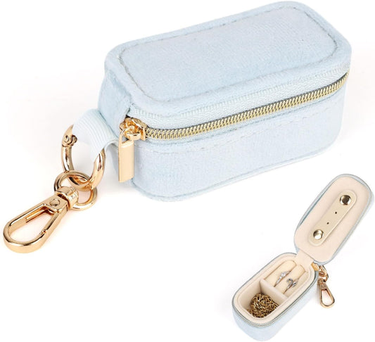 Mini Jewelry Travel Velvet Case, 2-In-1 Ring Holder Keychain Organizer Fit Women Small Partitioned Earrings Box for Storing Necklace Pendants (Blue) -