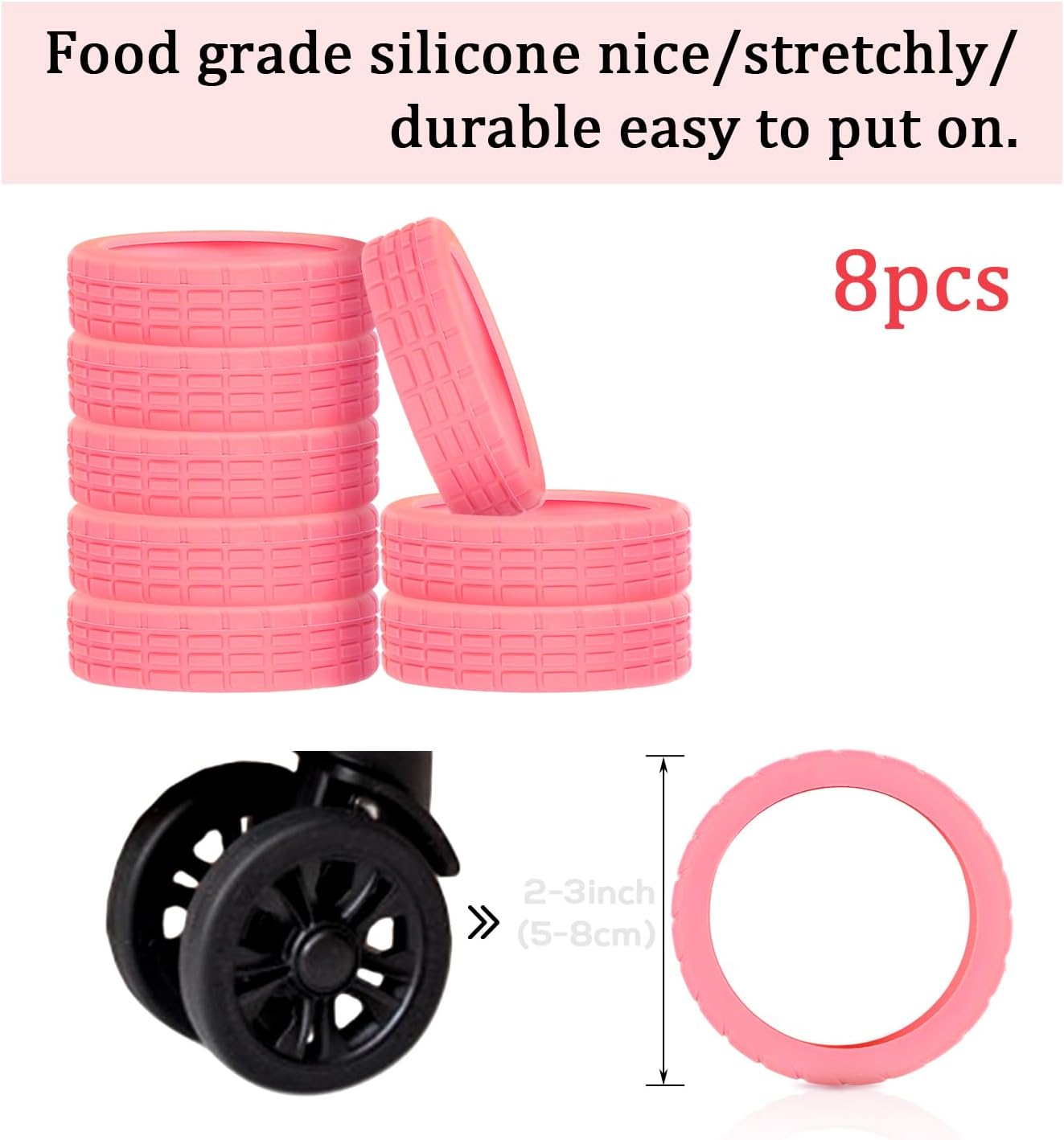 8pcs Portable Luggage Wheel Covers - Colorful Silicone Protectors for Most 8 Caster Suitcase Spinner Wheels (Pink)