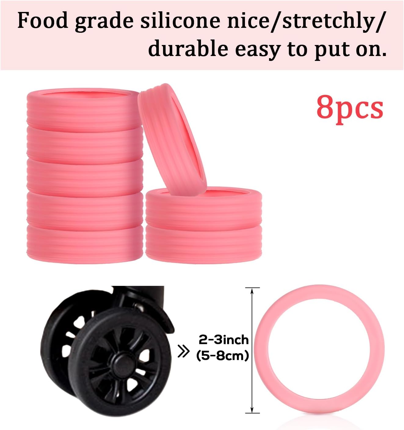 8pcs Portable Luggage Wheel Covers - Colorful Silicone Protectors for Most 8 Caster Suitcase Spinner Wheels (Pink)