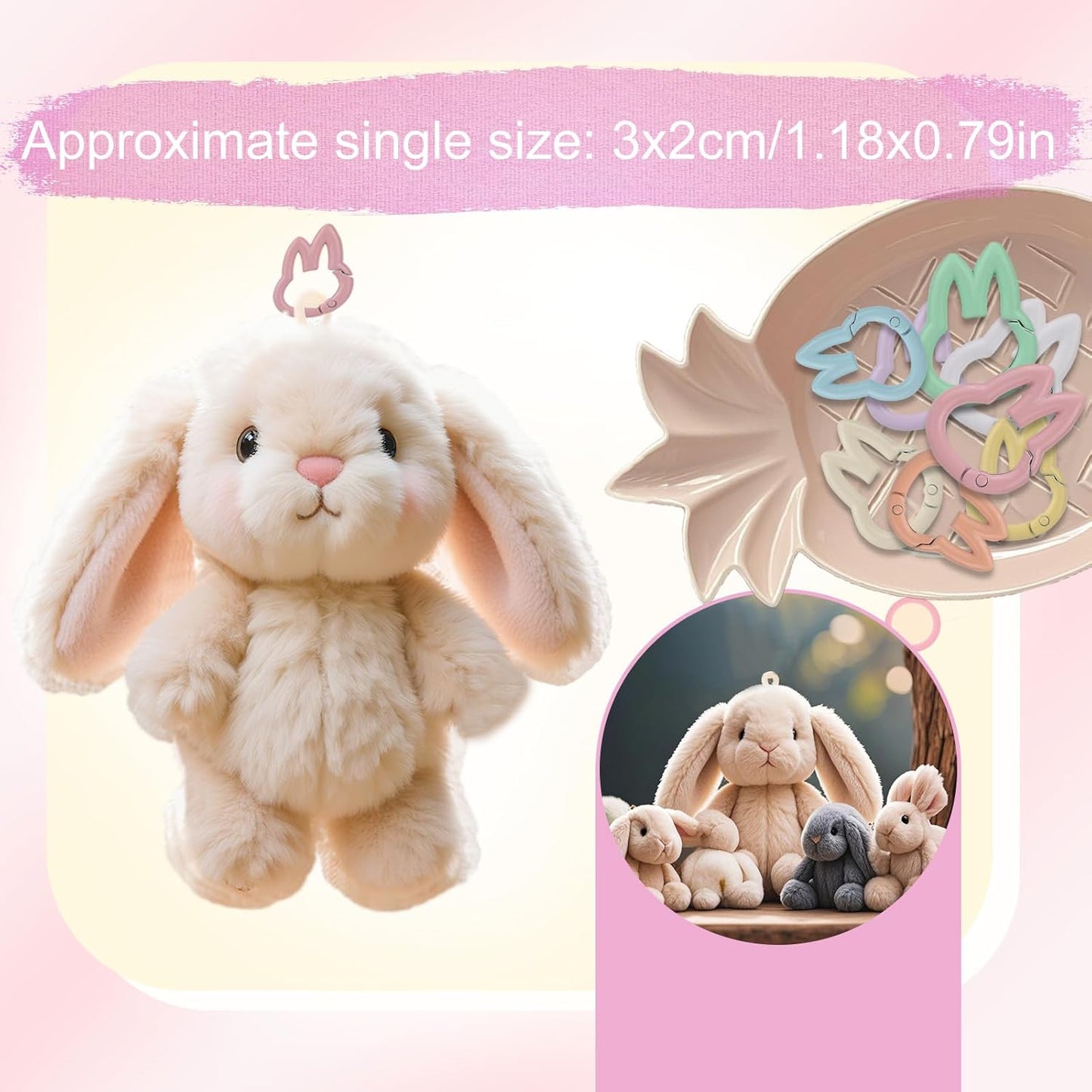 8pcs Keychain Clips for Doll, Colorful Metal Cute Rabbit Key Chain Hooks Kawaii Bunny Ring Hanging Buckle Bag Doll Accessories Gift Women (8 Colors) -