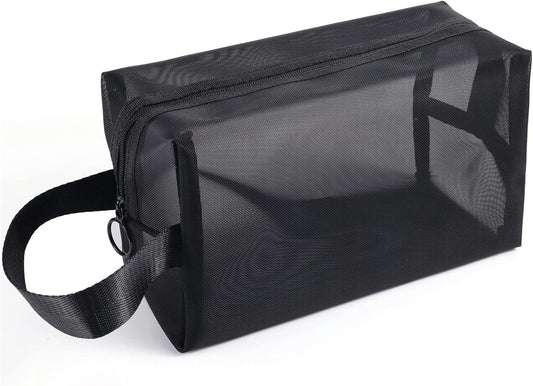 Black Mesh Shower Bag, Caddy Portable Toiletry Bag Zippered Small with Handldes Hanging Carring Convenient for Travel, Bathroom, Cosmetics Organizer -