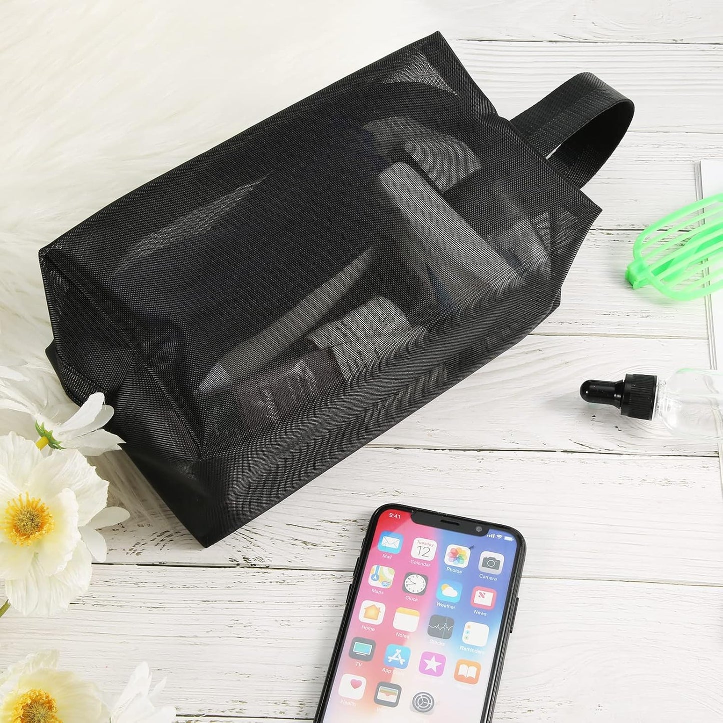 Black Mesh Shower Bag, Caddy Portable Toiletry Bag Zippered Small with Handldes Hanging Carring Convenient for Travel, Bathroom, Cosmetics Organizer -