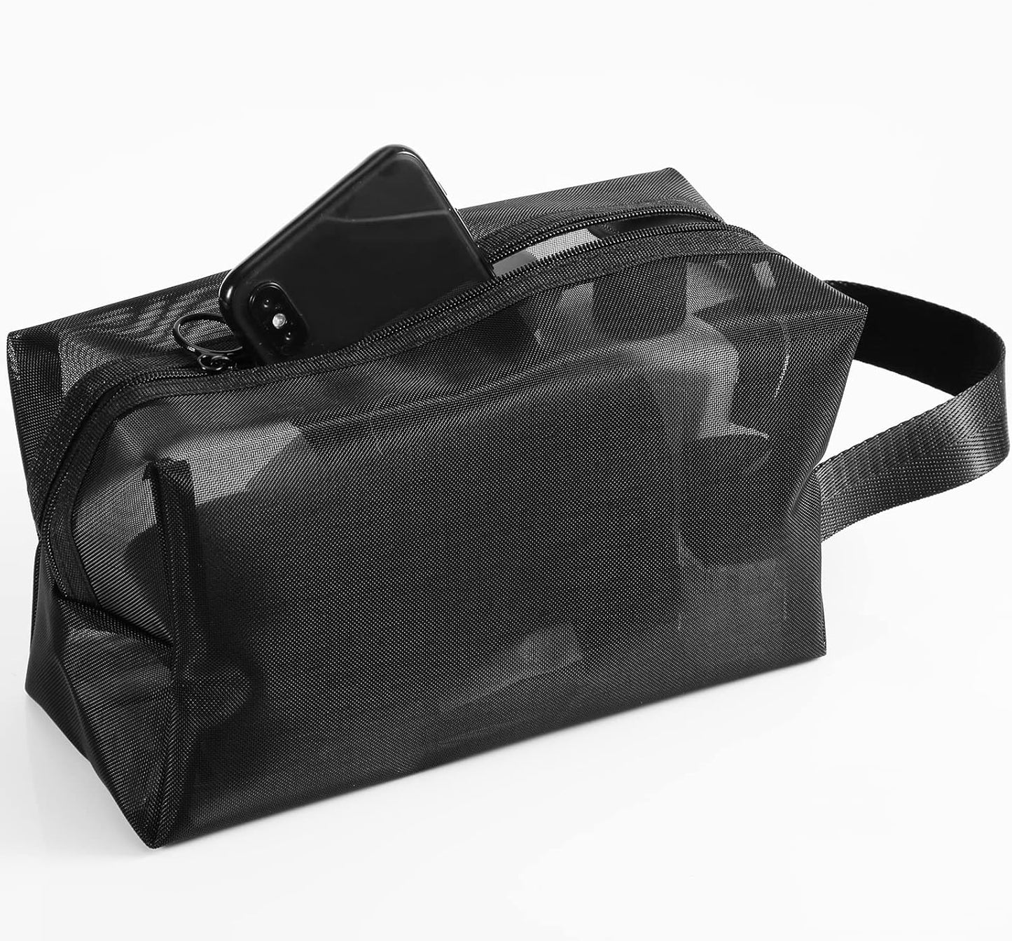 Black Mesh Shower Bag, Caddy Portable Toiletry Bag Zippered Small with Handldes Hanging Carring Convenient for Travel, Bathroom, Cosmetics Organizer -