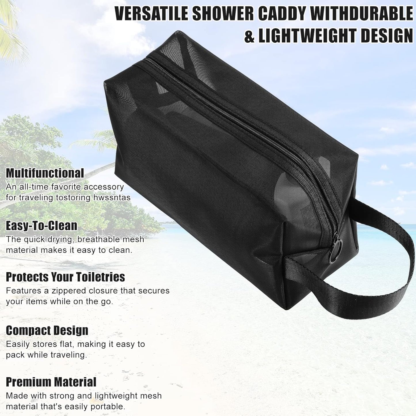 Black Mesh Shower Bag, Caddy Portable Toiletry Bag Zippered Small with Handldes Hanging Carring Convenient for Travel, Bathroom, Cosmetics Organizer -