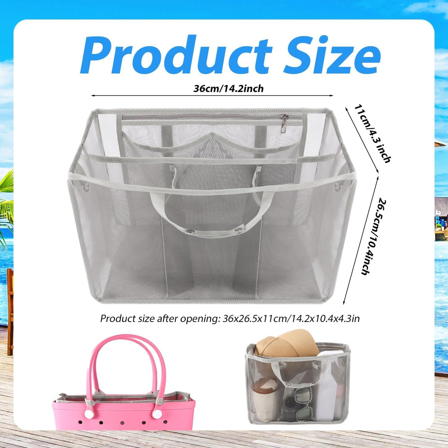Beach Bag Storage Organizer Compatible with Baby Bogg Accessory Liners, Lightweight Mesh Pouch Divider Insert Zipper for Organizing -
