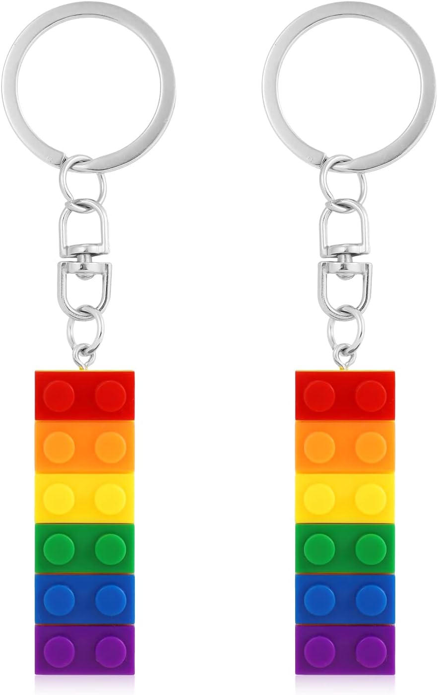 2pcs Rainbow Brick Keychain, Colorful Pride Keyring Building Block Keychain Gay Lesbian for Couples, Lovers, Parents -