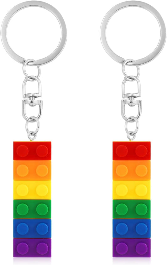 2pcs Rainbow Brick Keychain, Colorful Pride Keyring Building Block Keychain Gay Lesbian for Couples, Lovers, Parents -