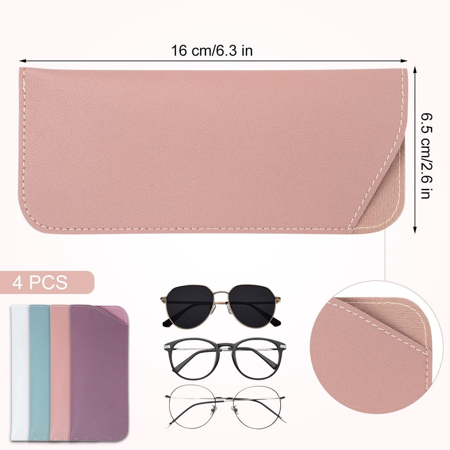 4pcs Soft Glasses Cases, 2.6x6.3Inch Eyeglasses Case Portable PU Sunglasses Pouch for Women Men (4 Colors) -