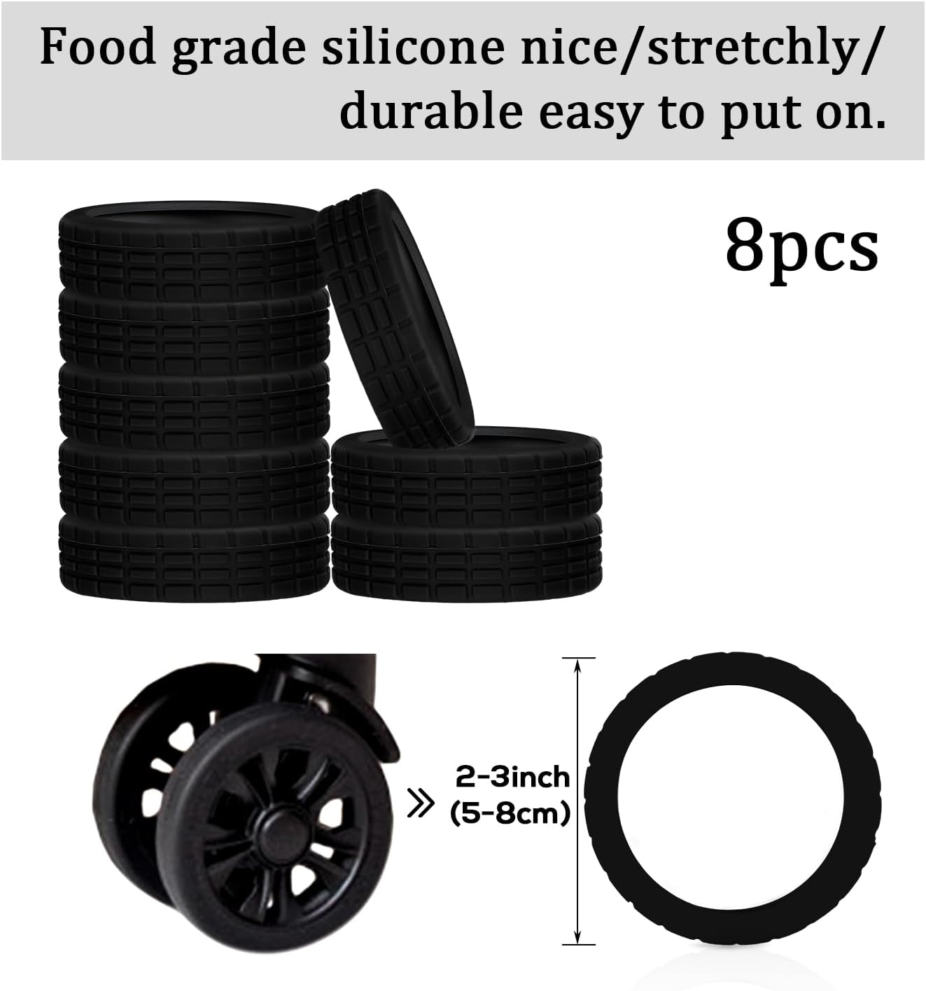 TM Luggage Wheel Covers, 8pcs Portable Silicone Spinner Protectors, Colorful, Black -
