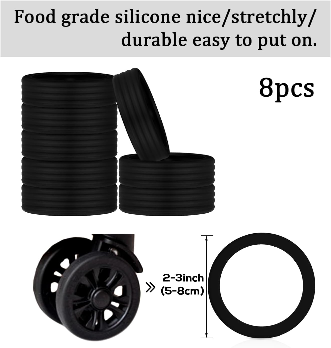 TM Luggage Wheel Covers, 8pcs Portable Silicone Spinner Protectors, Colorful, Black -