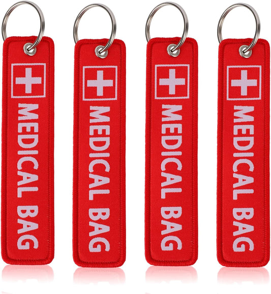 4pcs Medical Alert Tags for Bags, Double-Sided Equipment Device Luggage ID Tag Durable and Reusable Respiratory Supplies Keychain Label Backpack Suitcases (Red) -