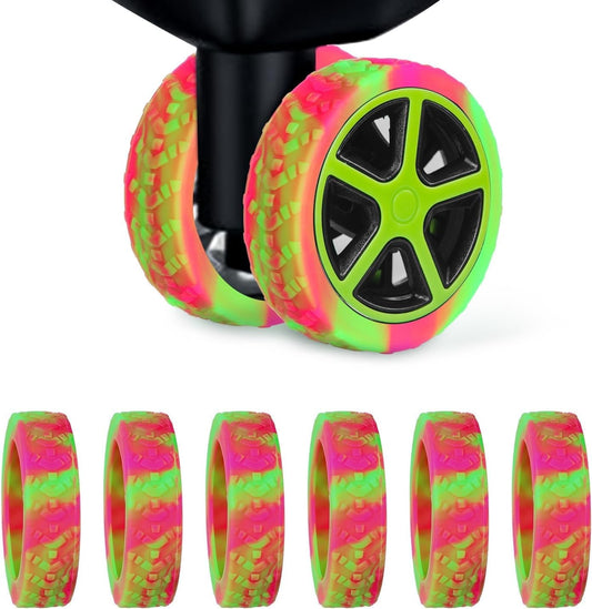 Luggage Wheel Covers, 8pcs Thickened Silicone Spinner Protectors, Noise Reducing, Rose Red + Green -
