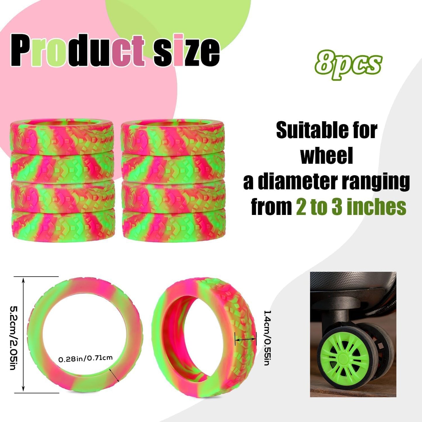 Luggage Wheel Covers, 8pcs Thickened Silicone Spinner Protectors, Noise Reducing, Rose Red + Green -