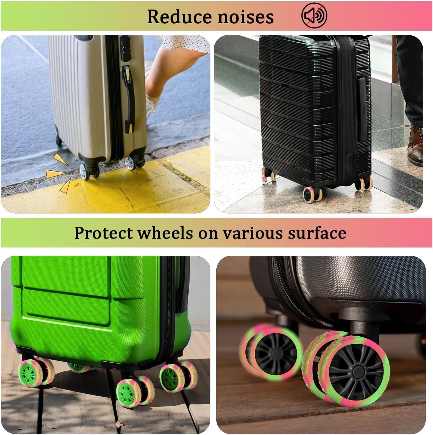 Luggage Wheel Covers, 8pcs Thickened Silicone Spinner Protectors, Noise Reducing, Rose Red + Green -