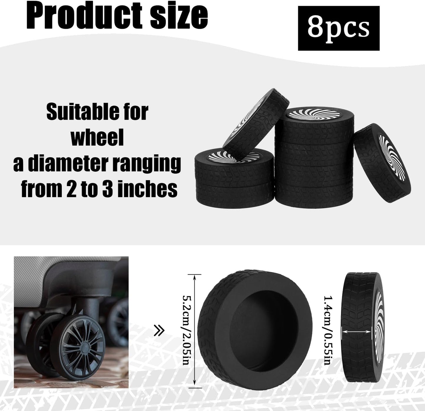 8pcs Luggage Wheel Protector Covers, 2.05x0.55 Inch Silicone Suitcase Covers Black White Design Accessories Noise-Proof for Most Adult -