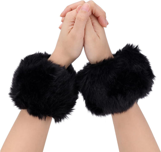 Winter Wrist Cuff Warmers, Faux Fur Cuffs, Fuzzy Short Arm Warmers for Women Girls Costume (Black) -
