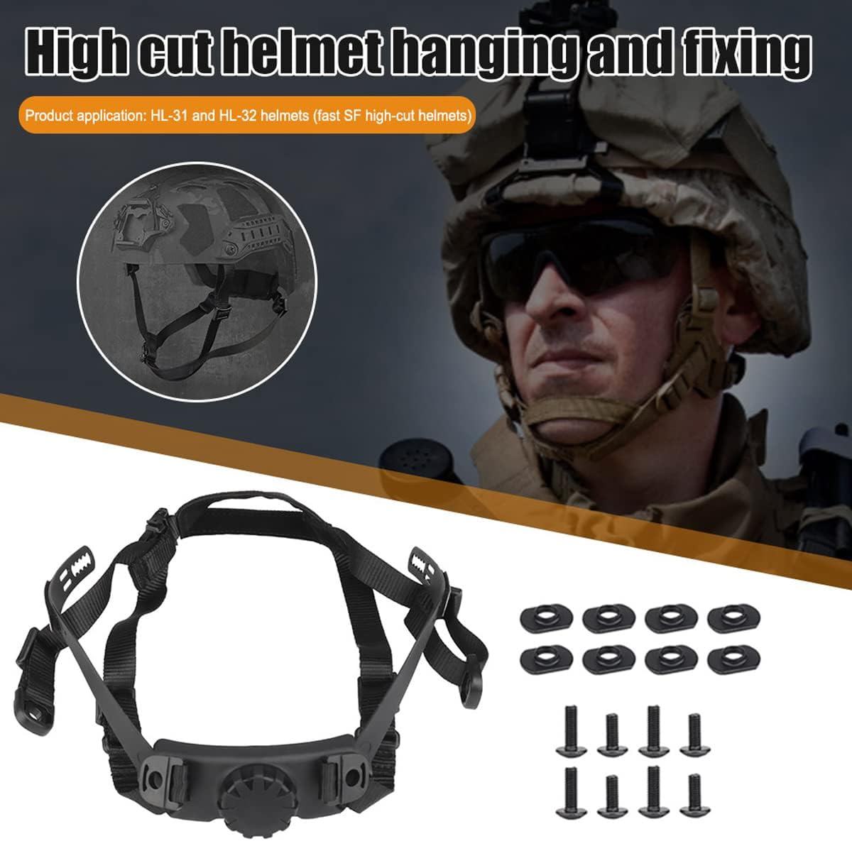 Tactical Helmet Strap Adjustable Chin Inner Suspension System with Bolts and Screws for Fast MICH IBH Airsoft Helmets khaki -