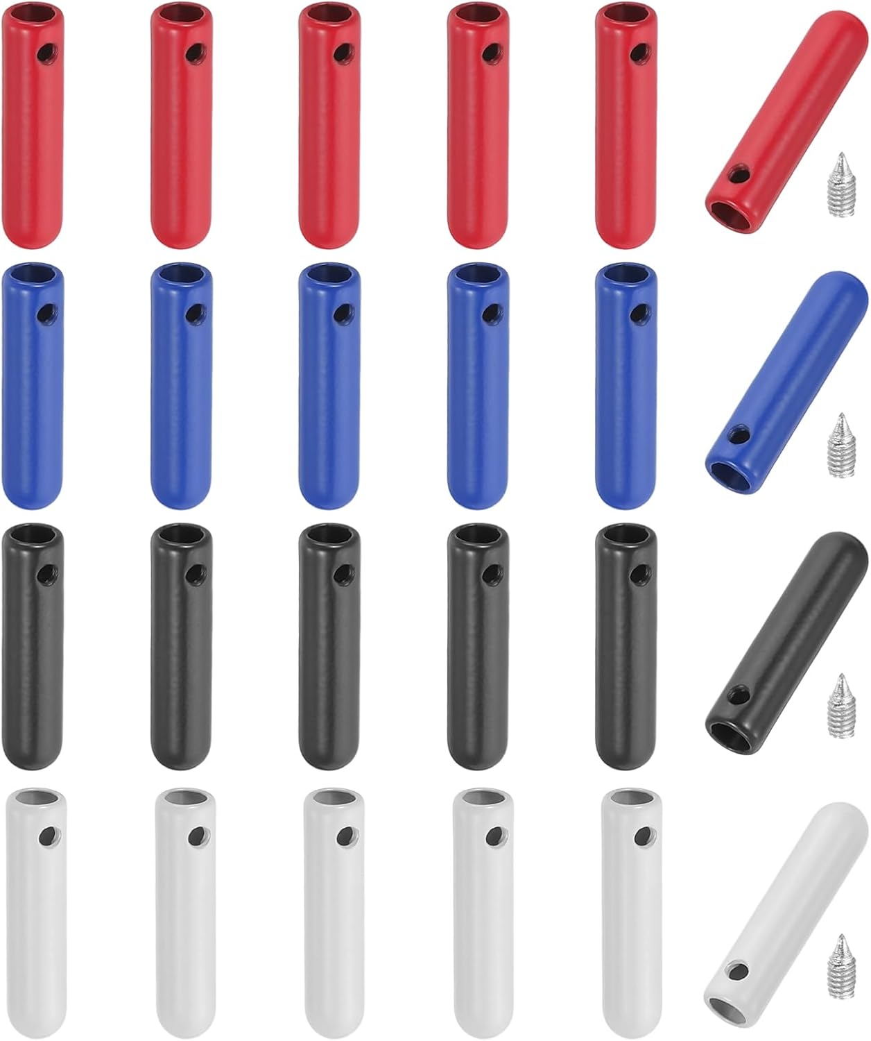 24Pcs Shoelace Tips with Screw, Alloy 25mm Cylindrical Aglets Shoes Lace Cords End Tip Cap Replacement for DIY Red, Blue, White, Black -