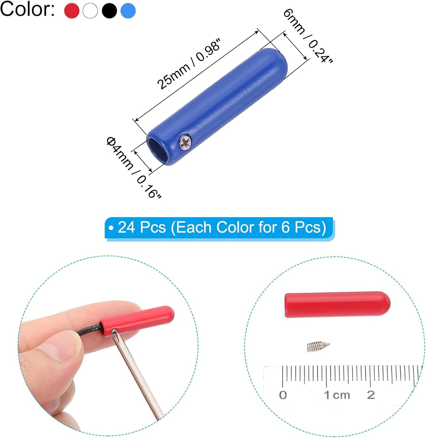 24Pcs Shoelace Tips with Screw, Alloy 25mm Cylindrical Aglets Shoes Lace Cords End Tip Cap Replacement for DIY Red, Blue, White, Black -
