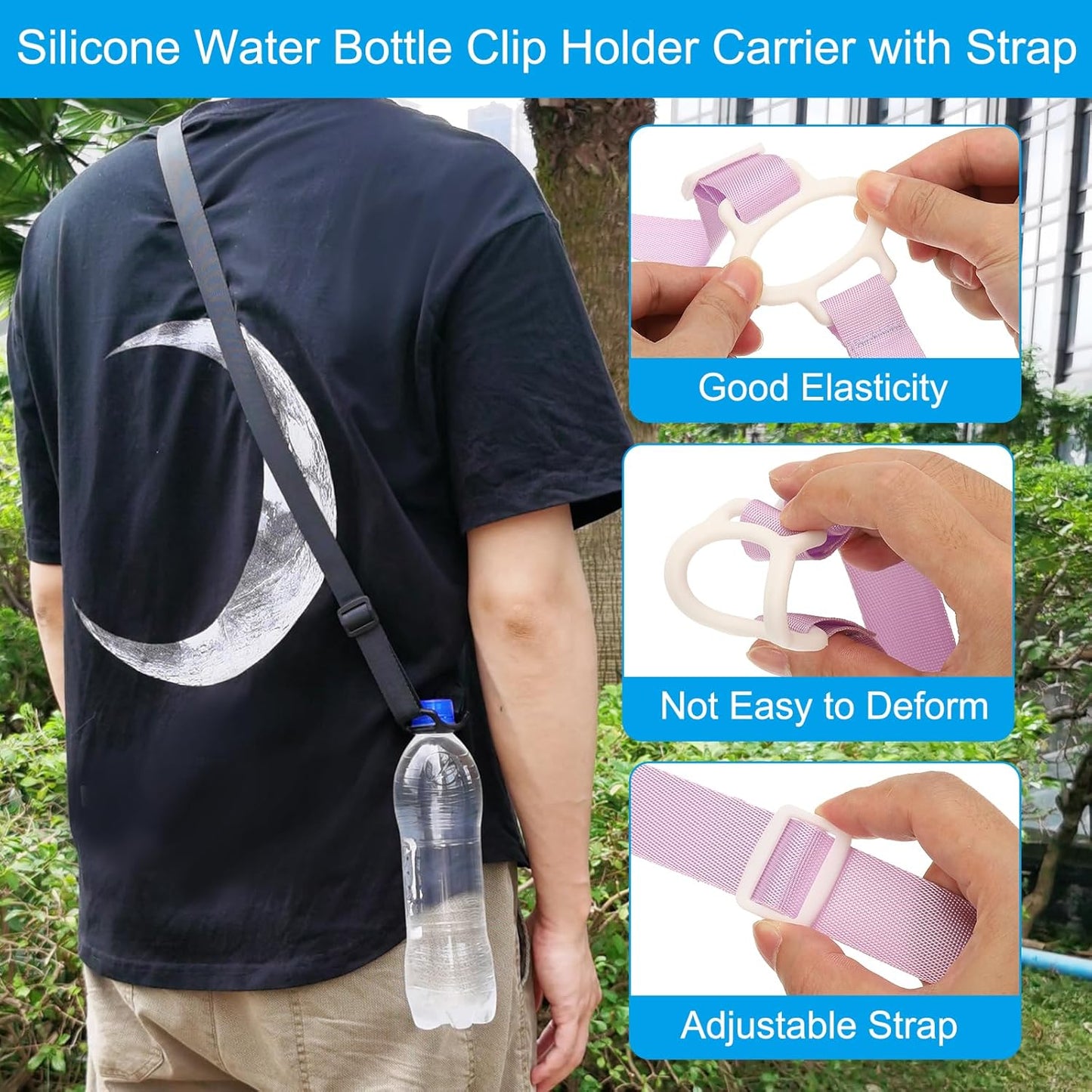 Water Bottle Lanyard, Adjustable Holder Shoulder Strap with Ring Buckle Carrier Clips for Walk Outdoor Black -