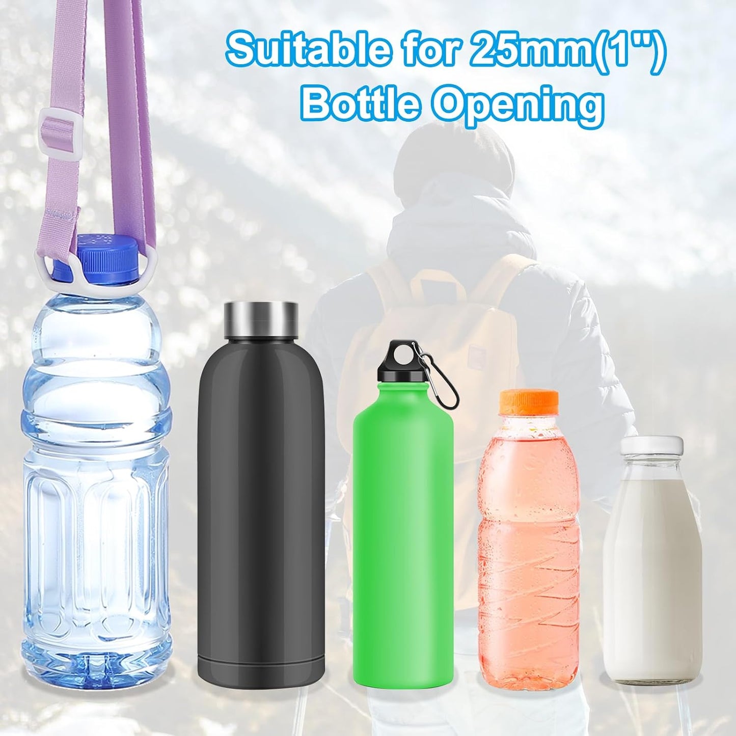 Water Bottle Lanyard, Adjustable Holder Shoulder Strap with Ring Buckle Carrier Clips for Walk Outdoor Black -