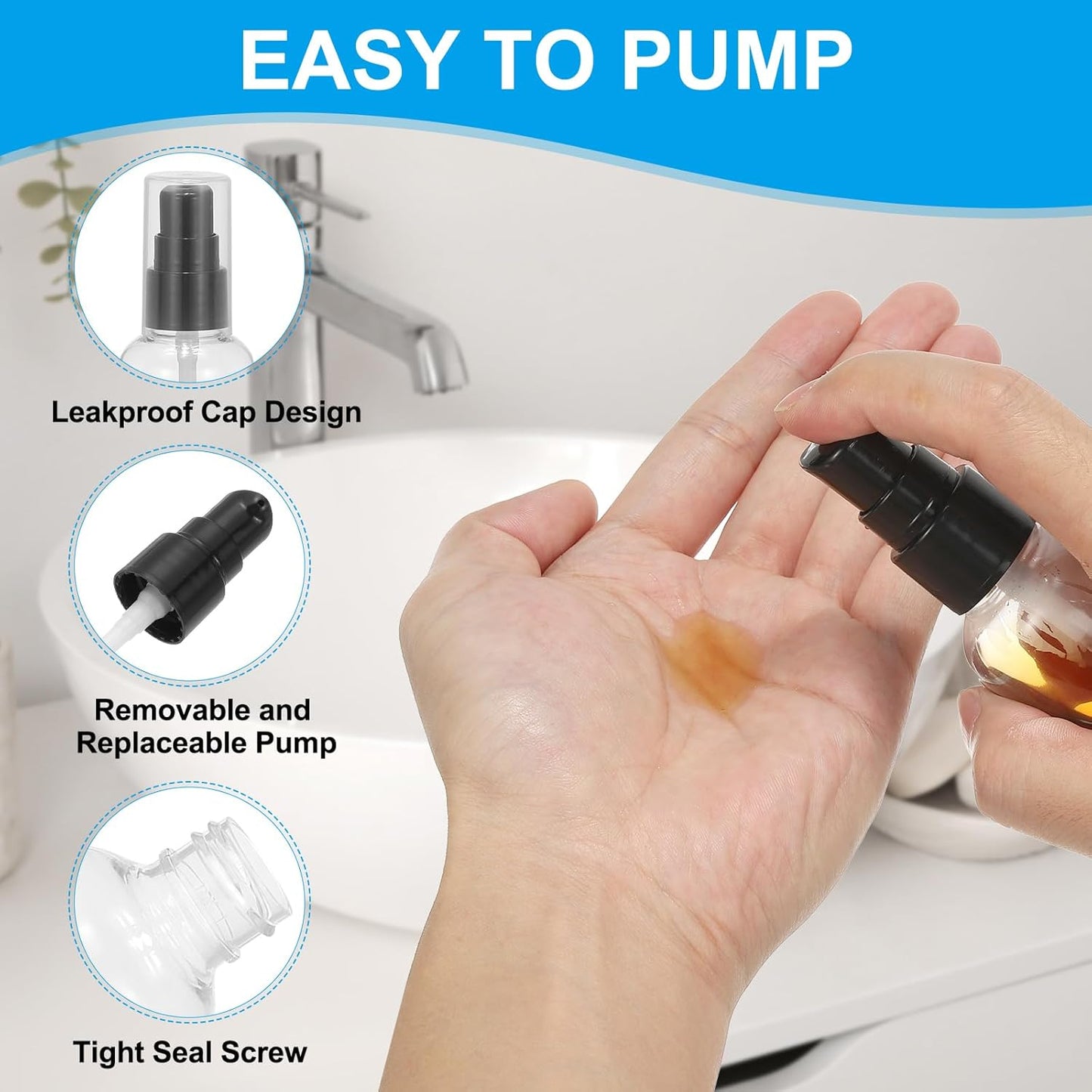 Travel Pump Bottles, 6 Pcs 3.4Oz(100ml) Leak Proof Refillable Empty Dispenser Container Squeeze Bottle with for Shampoo Toiletries Lotion Cream, Black -