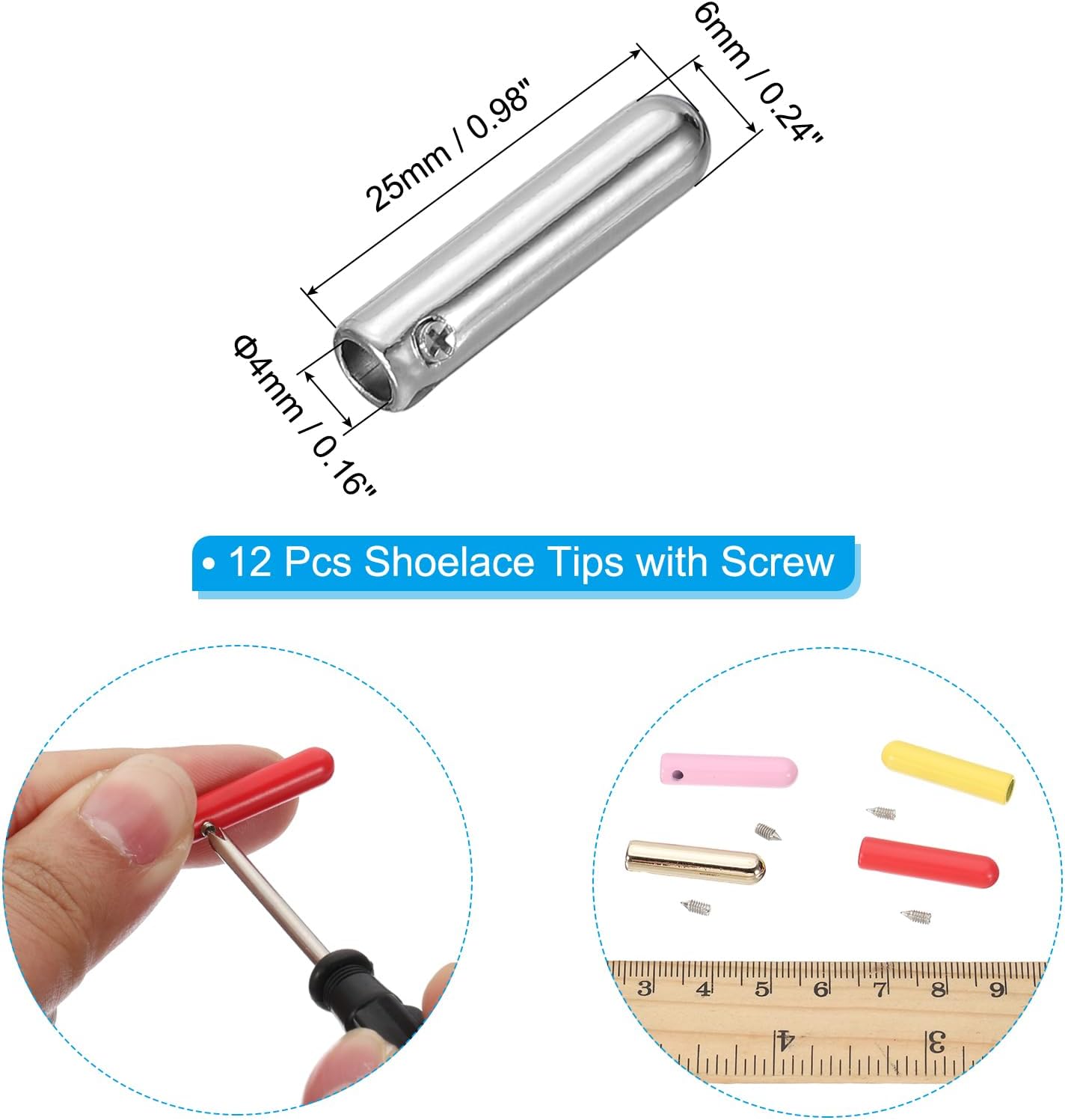 12 Pcs Shoelace Tips with Screw, Alloy 25mm Cylindrical Aglets Shoes Lace Cords End Tip Cap Replacement Silver Tone -