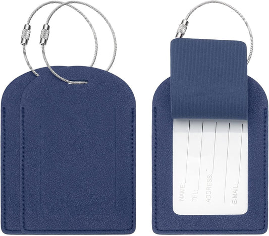 Suitcase Tags, Deep Blue Leather Luggage Name Tags Airplane Travel Essentials Business Trip Accessories with Private Protection for Hotel Check in Bags Men Women, 3 Pcs -