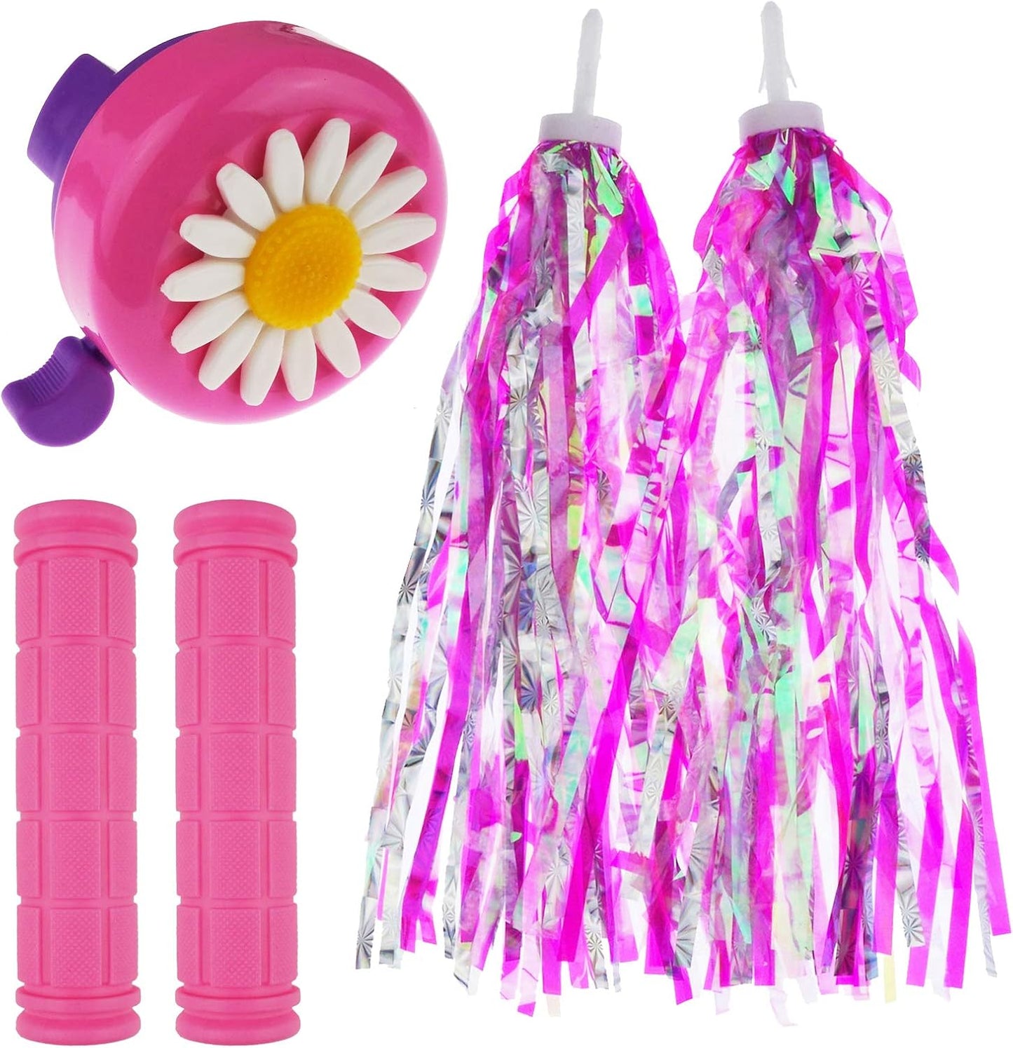 2 Pack Bicycle Bike Handlebar Scooter Streamers,1 Bell and Handle Bar Grips Pink bell+Hot pink bike streamers+ grips