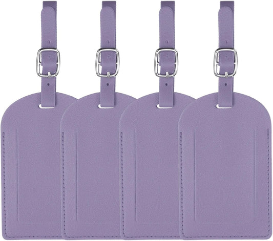 4Pcs Luggage Tags, Colored Labels PU Leather Suitcase Tag with Stainless Steel Loop Privacy Cover Name ID Address Card for Baggage Bag Backpacks Handbag, Purple -