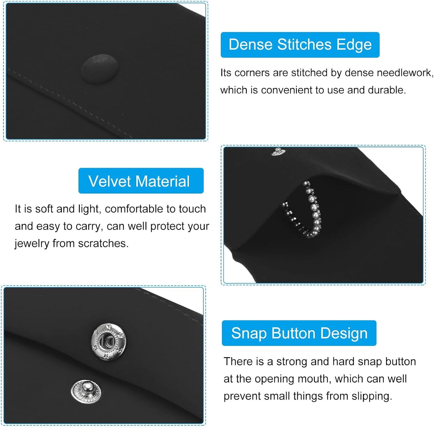 4x4 Inch Jewelry Pouch, 2 Pack Soft Velvet Pouches with Snap Button Portable Storage for Rings Necklace Bracelet Earring Watch, Black