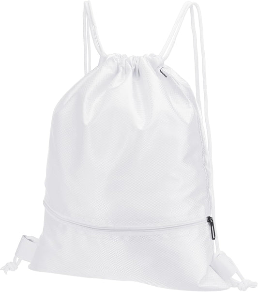 Drawstring Backpack Bag, Gym Bags String with Zip Pocket for Women Men, White -