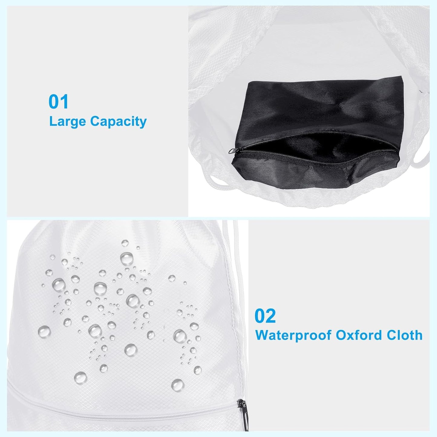 Drawstring Backpack Bag, Gym Bags String with Zip Pocket for Women Men, White -