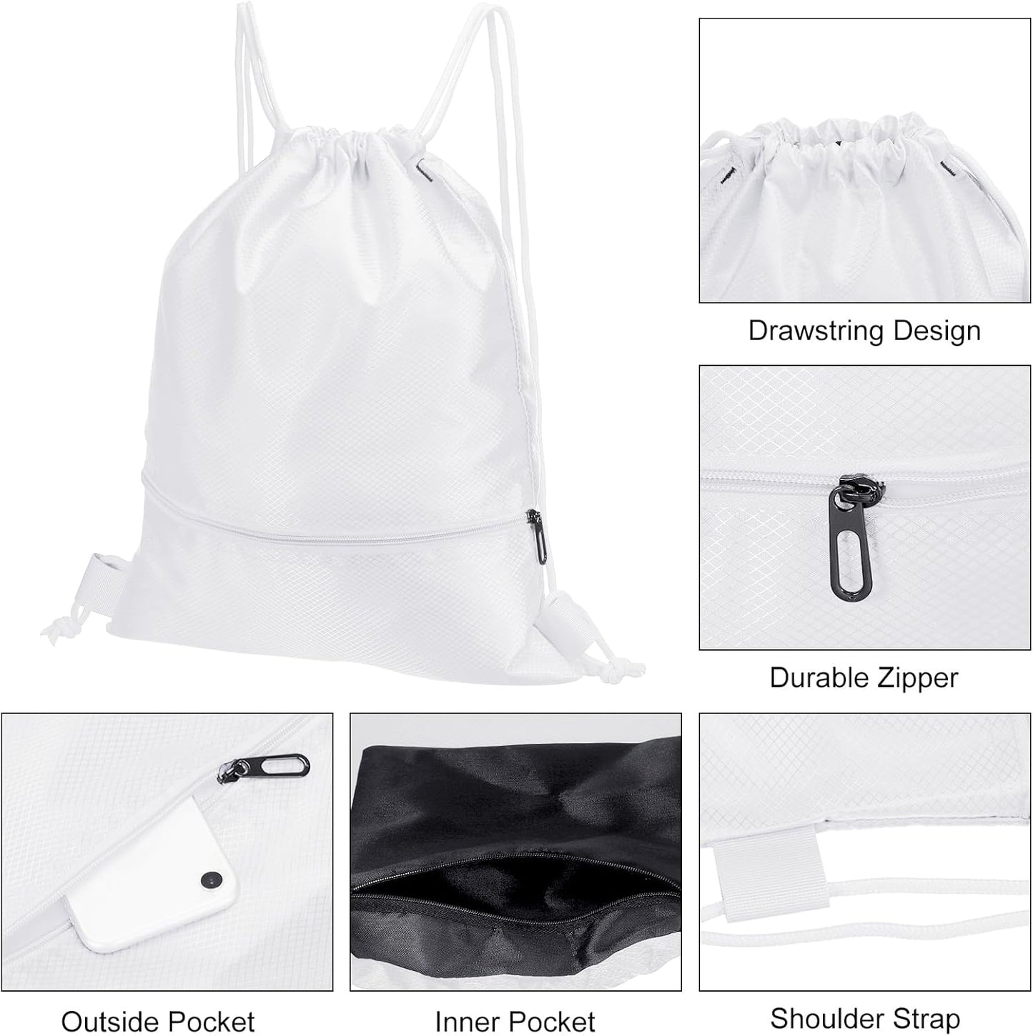 Drawstring Backpack Bag, Gym Bags String with Zip Pocket for Women Men, White -