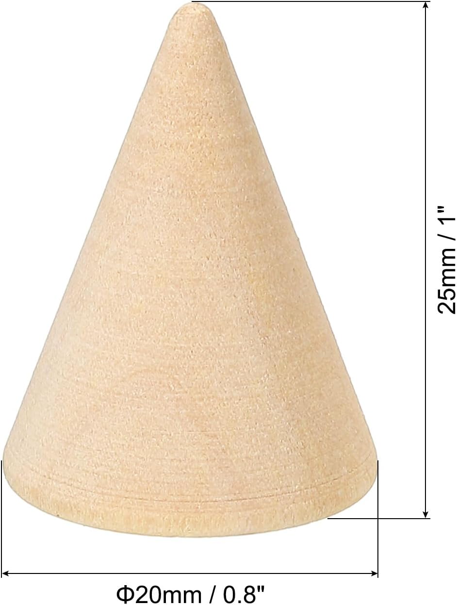 25x20mm Natural Wood Cone Ring Holder, 20 Pack Finger Jewelry Display Stand Organizer Unpainted Wooden Cones for DIY Craft Color