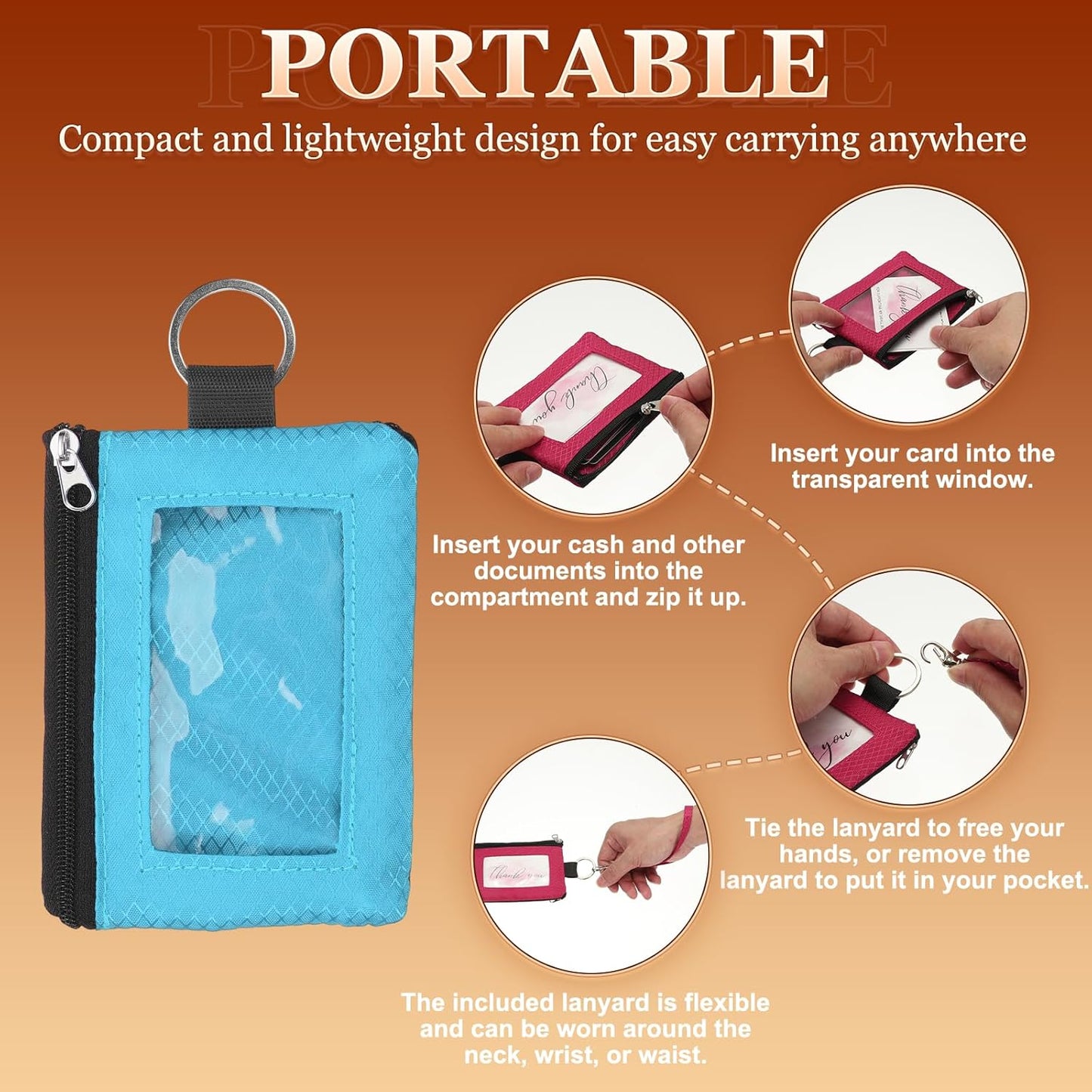 Minimalist RFID Blocking Wallet with ID Window, Small Water Resistant Zipper Card Purse With Lanyard for Cards Cash Travel Women Men, Light Blue -