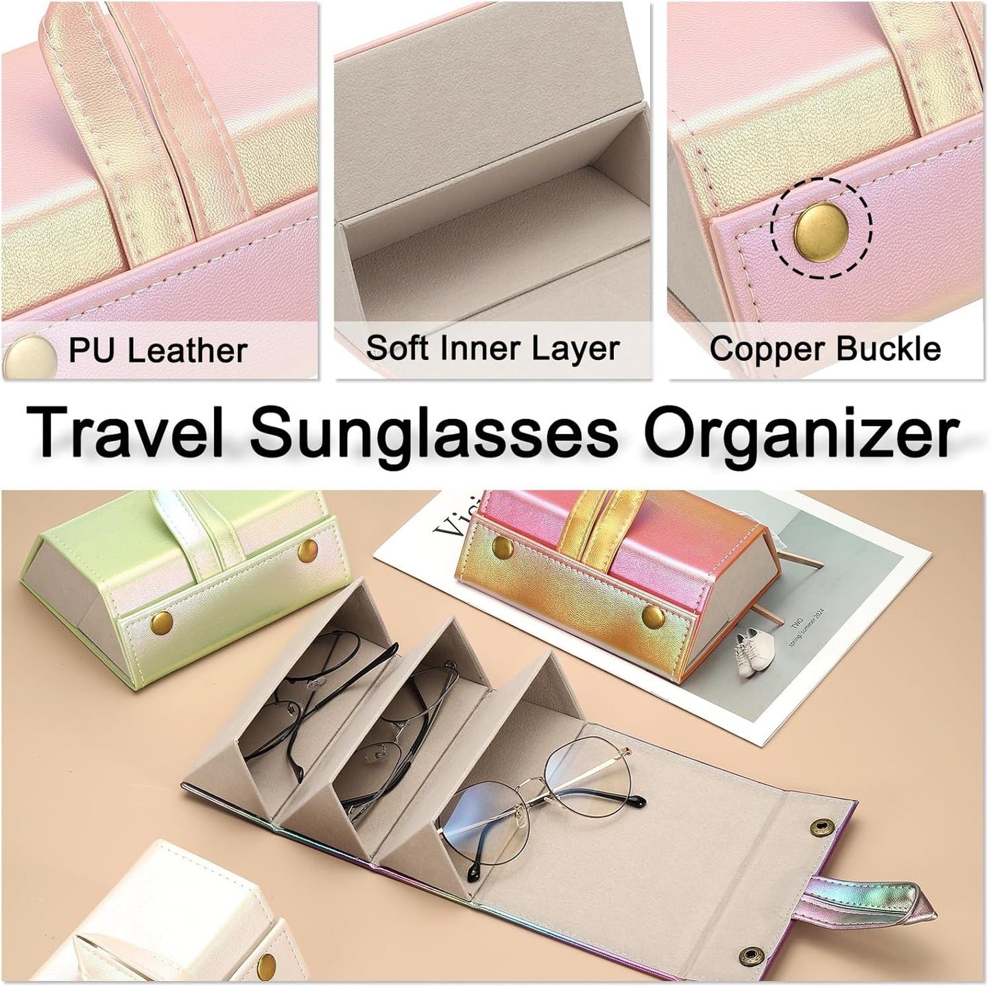 Travel Sunglasses Organizer, Foldable Holder Leather Sunglass Storage Organizer Case Portable Pink -