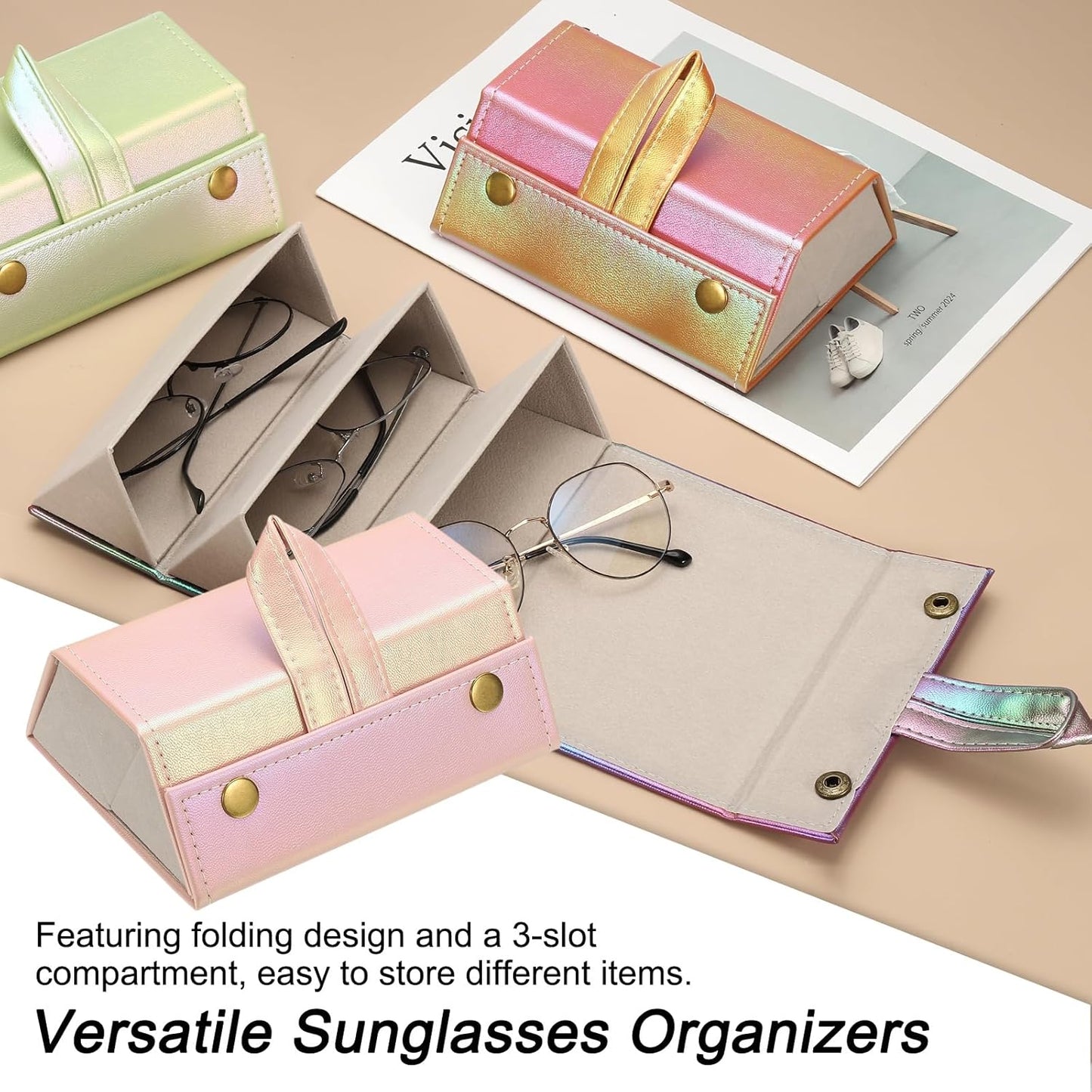 Travel Sunglasses Organizer, Foldable Holder Leather Sunglass Storage Organizer Case Portable Pink -