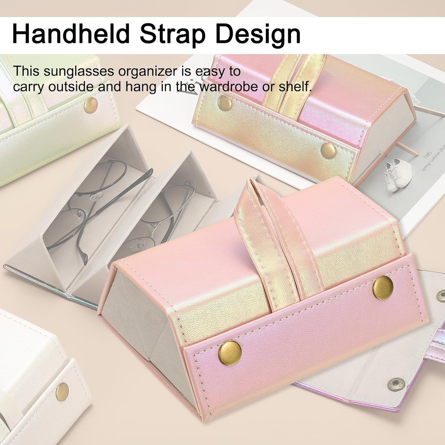 Travel Sunglasses Organizer, Foldable Holder Leather Sunglass Storage Organizer Case Portable Pink -